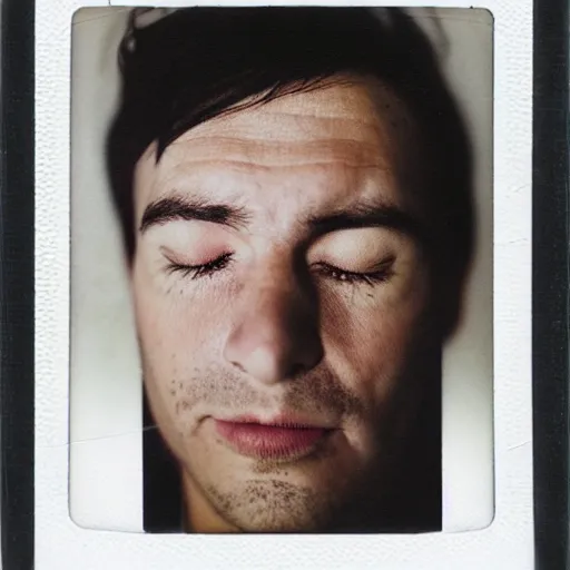 Image similar to a professional polaroid portrait fine art photo of a man with an asymmetrical face with his eyes closed. the man has black hair, light freckled skin and a look of confusion on his face. extremely high fidelity. key light.