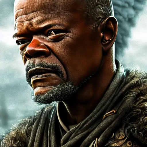 Image similar to a beautiful detailed 3 d matte samuel jackson in game of thrones, ominous, magical realism, texture, intricate, whirling smoke radiant colors, fantasy, volumetric lighting, high details