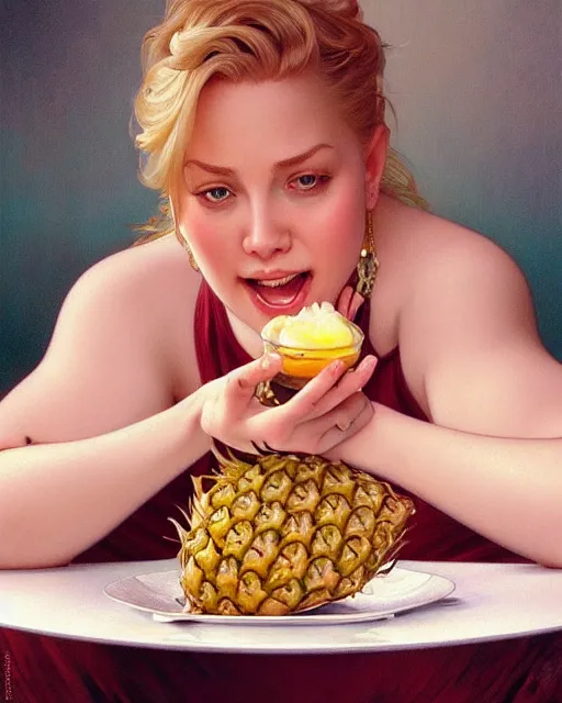 Image similar to Portrait of a fat drunk blond woman eating a pineapple dessert,real life skin, intricate, elegant, highly detailed, artstation, concept art, smooth, sharp focus, art by artgerm and greg rutkowski and alphonse mucha