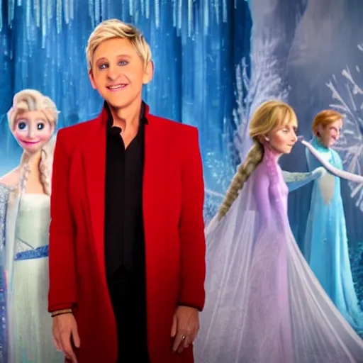 Image similar to ellen degeneres as elsa in live action disney frozen, 8k resolution, full HD, cinematic lighting, award winning, anatomically correct