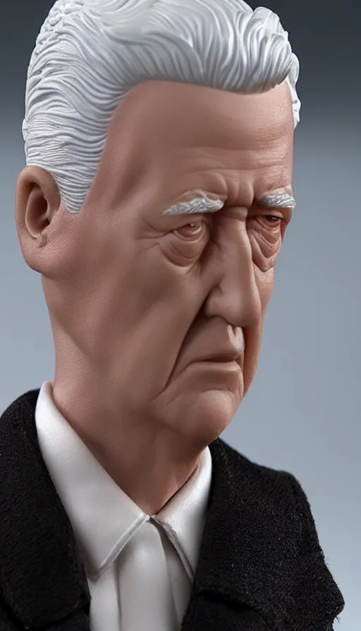 Image similar to hot toys figurine of david lynch, realistic, up close image, 1 / 1 6 th scale, unopened, listing image, hd