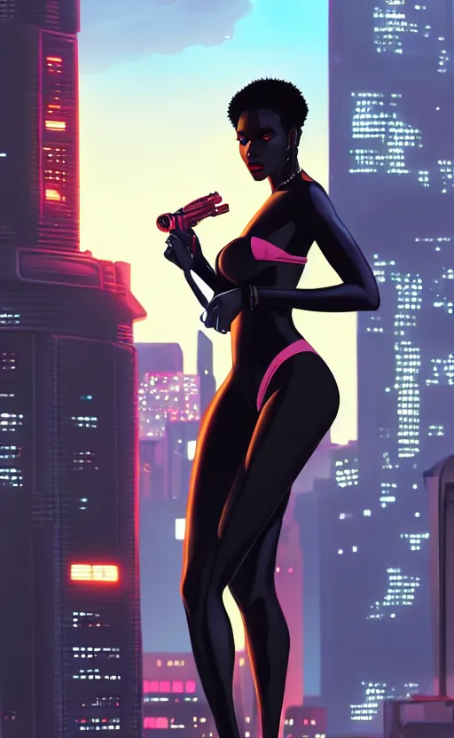 Prompt: a Black femme fatale woman, Anime. Futuristic Blade Runner city in the background, realistic shaded lighting by Ilya Kuvshinov Giuseppe Dangelico Pino and Michael Garmash and Rob Rey, 8K