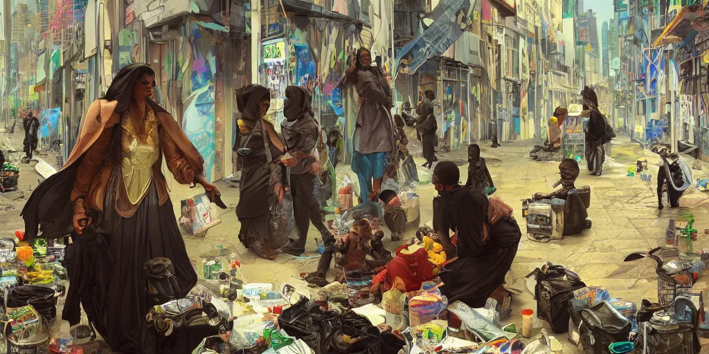 Image similar to street view photograph of reverend kim kardashian giving food rations to climate change migrants, graffiti art style, highly detailed, digital painting, artstation, concept art, dystopian, sharp focus, brutalist illustration, art by greg rutkowski and alphonse mucha, 8 k