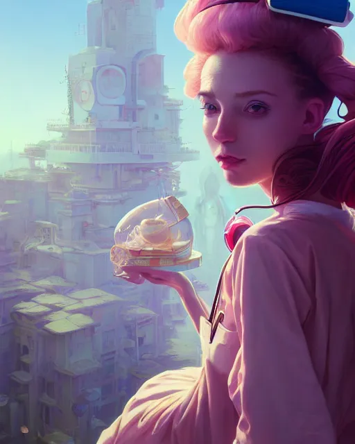 Image similar to highly detailed surreal vfx portrait of a candypunk nurse, stephen bliss, unreal engine, greg rutkowski, loish, rhads, beeple, makoto shinkai and lois van baarle, ilya kuvshinov, rossdraws, tom bagshaw, alphonse mucha, global illumination, detailed and intricate environment