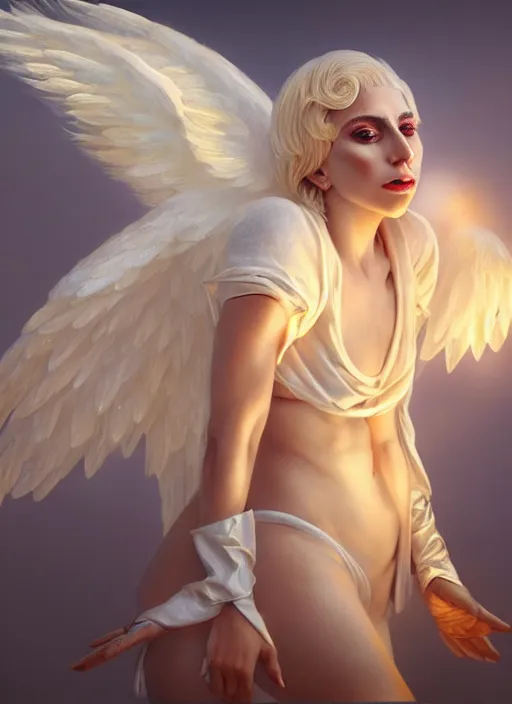 Prompt: cute lady gaga as a heavenly angel, anatomy, bathed in light, highly detailed, photorealistic, artstation, smooth, sharp focus, illustration, unreal engine 5, 8 k, art by artgerm and greg rutkowski and edgar maxence