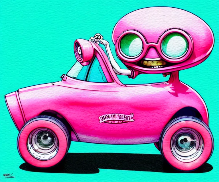 Image similar to cute and funny, pink colored squid wearing goggles riding in a tiny hot rod with oversized engine, ratfink style by ed roth, centered award winning watercolor pen illustration, isometric illustration by chihiro iwasaki, edited by range murata, tiny details by artgerm and watercolor girl, symmetrically isometrically centered