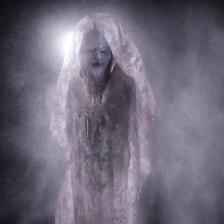 Image similar to octane render portrait by wayne barlow and carlo crivelli and glenn fabry, a woman wearing a skintight tie - dye bedsheet ghost costume, backlit, dramatic lighting, fog and mist, inside a futuristic nightclub, cinema 4 d, ray traced lighting, very short depth of field, bokeh