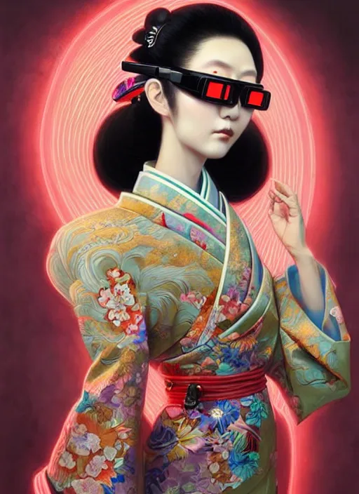 Image similar to portrait illustration of female japanese humannoid wearing a vr eyewear and very detailed and intricate geisha kimono dress, intricate detail, cyber neon lighting, highly detailed, artstation, glamor pose, concept art, art by peter mohrbacher and boris vallejo and liam wong, pinterest, artstation, digital painting,