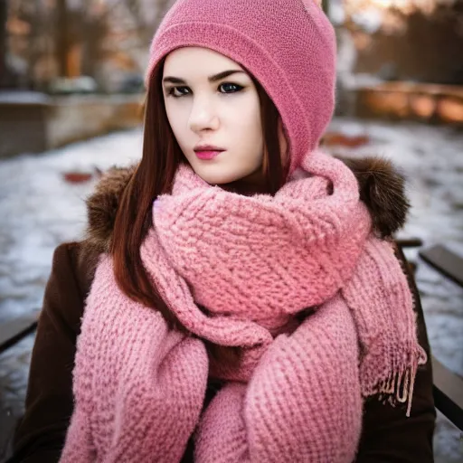 Image similar to highly detailed and intricate wlop artwork of a beautiful woman wearing warm winter clothes and a pink scarf sitting on a park bench in the fall, volumetric lighting, extremely complex, trending on artstation, featured on behance, 4 k, 8 k, 1 6 k