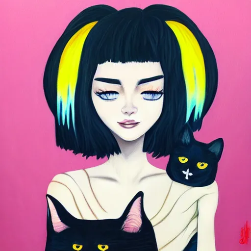 Prompt: a painting of a woman holding a cat, a character portrait by harumi hironaka, trending on deviantart, pop surrealism, ilya kuvshinov, digital illustration, storybook illustration