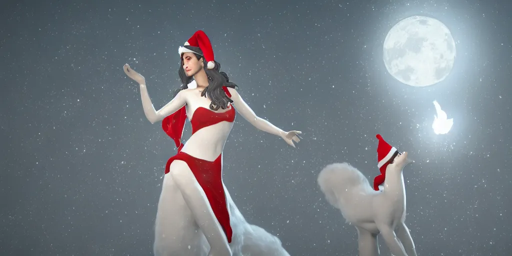 Image similar to greek moon goddess diana wearing a santa hat, digital art, unreal engine, 3 d render, cinematic lighting