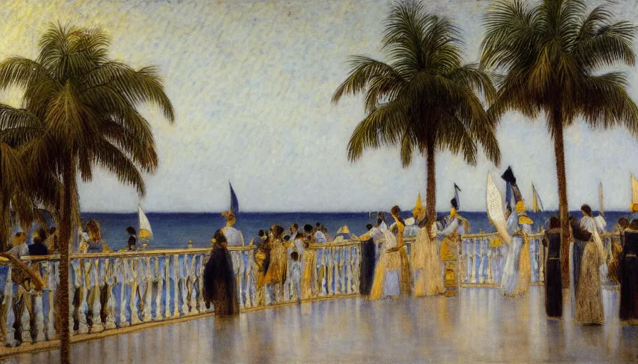 Prompt: a ultradetailed beautiful painting of the night sky of the great amazonas river golden white palace balustrade designed by jules bastien - lepage, tarsila do amaral, frank weston and gustave baumann, beach, trending on artstation, mediterranean, palm trees, sharp focus, sail boats, soft light, 8 k 4 k