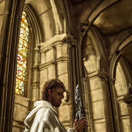 Image similar to angel protecting man who is praying inside a gothic church, cinematic style, 4K highly detailed, light studio style