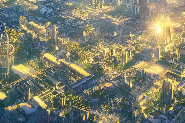 Image similar to gigantic solarpunk utopian city, beautiful golden rays of sunshine