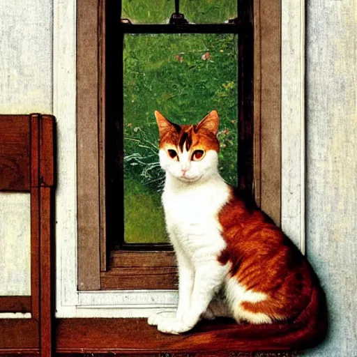 Image similar to A very content calico cat sitting on a wooden table looking out a window, artist is Norman Rockwell,