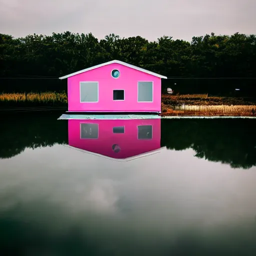 Image similar to a 5 0 mm lens photograph of a cute pink floating modern house, floating in the air between clouds, inspired by the movie up, held up from above by a heart - shaped ballon. mist, playful composition canon, nikon, award winning, photo of the year