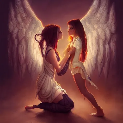 Image similar to 3d rendering, a demon girl and a angel girl kissing, fantasy, intricate, elegant, highly detailed, digital painting, artstation, concept art, art by artgerm and greg rutkowski
