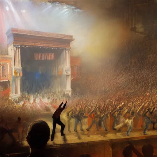Image similar to ! dream highly detailed painting of swat raid dancing on stage at a school talent show by william turner, by greg rutkowski, by william constable, thick brush strokes and visible paint layers, 4 k resolution