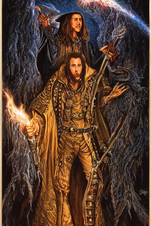 Image similar to Nicolas Cage as wizard, fantasy, intricate, highly detailed, illustration by ken kelly