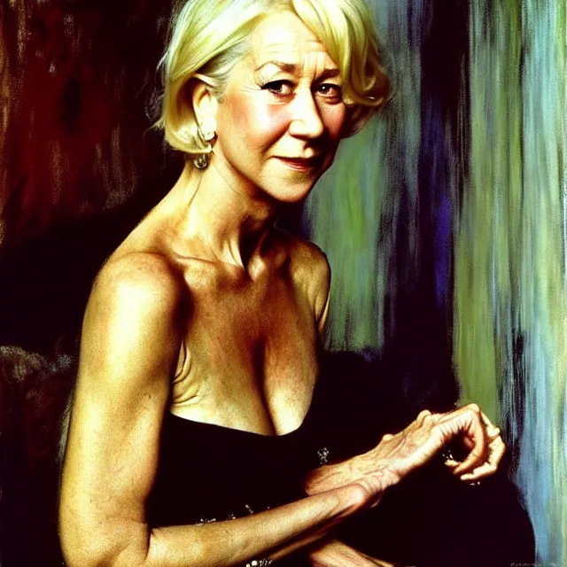 Prompt: a striking portrait of helen mirren by john singer sargent, norman rockwell, and andrew wyeth, strong brushwork, natural light, color palette of pastels and earth tones