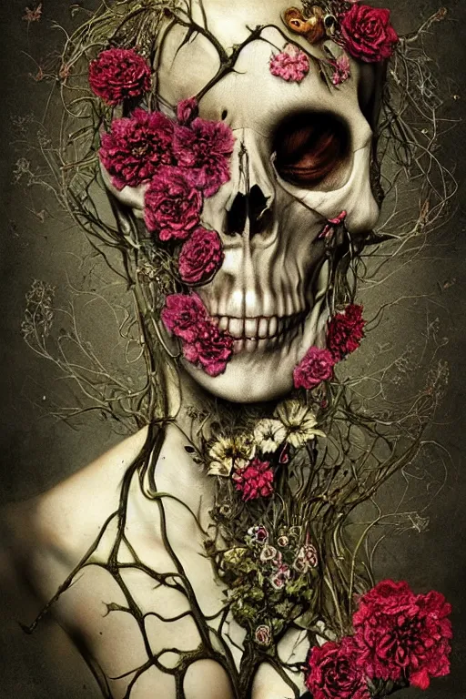 Image similar to beautiful and detailed rotten woman corpse becoming almost a skull with face muscles, veins, arteries, fractal plants and fractal flowers and mushrooms growing around, intricate, ornate, surreal, ray caesar, john constable, guy denning, dan hillier