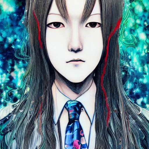 Image similar to yoshitaka amano realistic illustration of a manga girl with black eyes and long wavy white hair wearing dress suit with tie and surrounded by abstract junji ito style patterns in the background, blurry and dreamy illustration, noisy film grain effect, highly detailed, oil painting with expressive brush strokes, weird portrait angle, twin peaks color palette