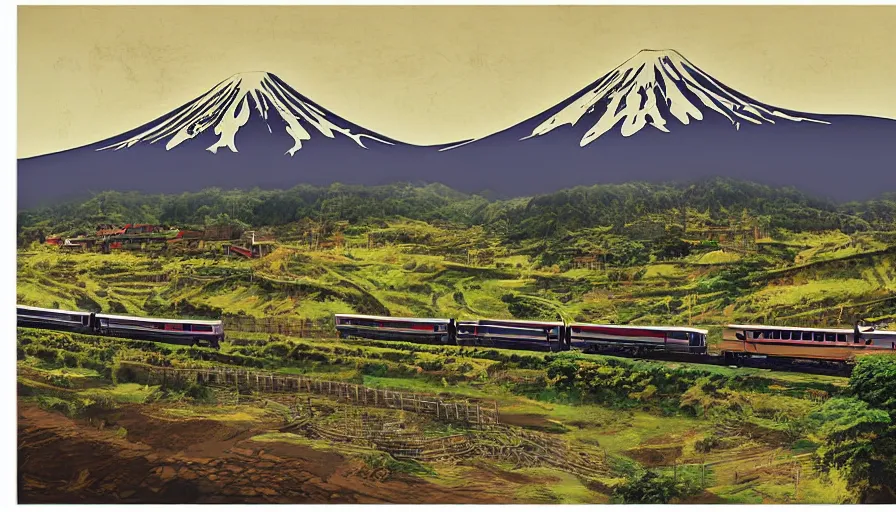 Image similar to award winning graphic design poster, cutouts constructing an contemporary art depicting mount fuji, rural splendor, and bullet train, isolated on white, mixed media painting by jules julien