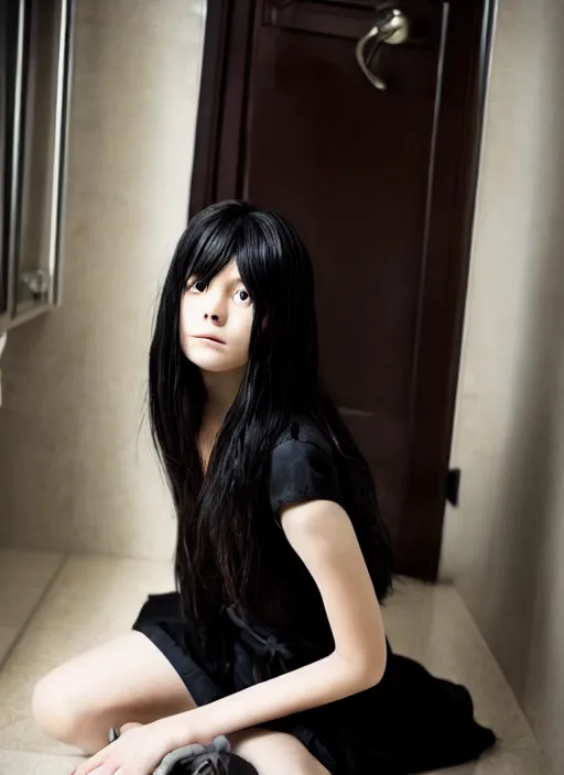 Prompt: a 1 4 year old girl eveline from resident evil 7 with straight long black hair wearing black dress that sitting on bathroom floor, model エリサヘス s from acquamodels