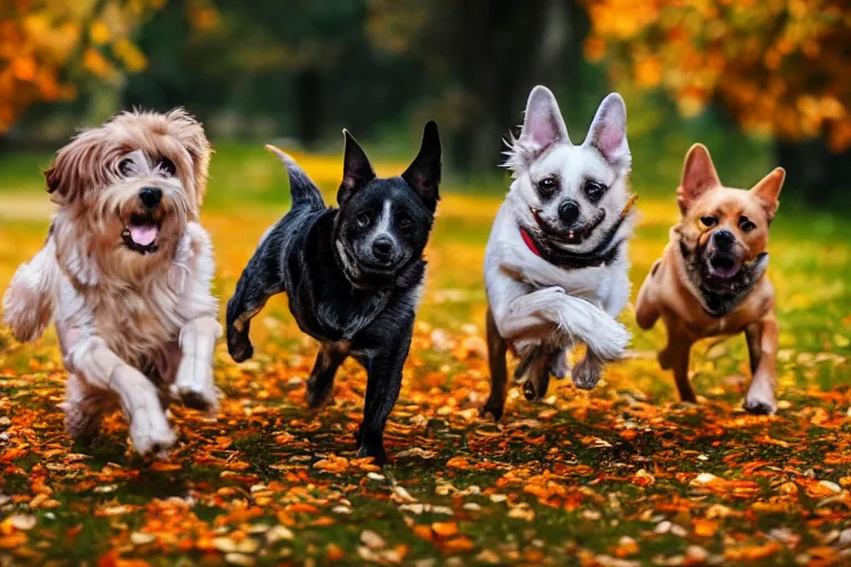 Image similar to dogs running through autumn leaves with motion blur towards the camera