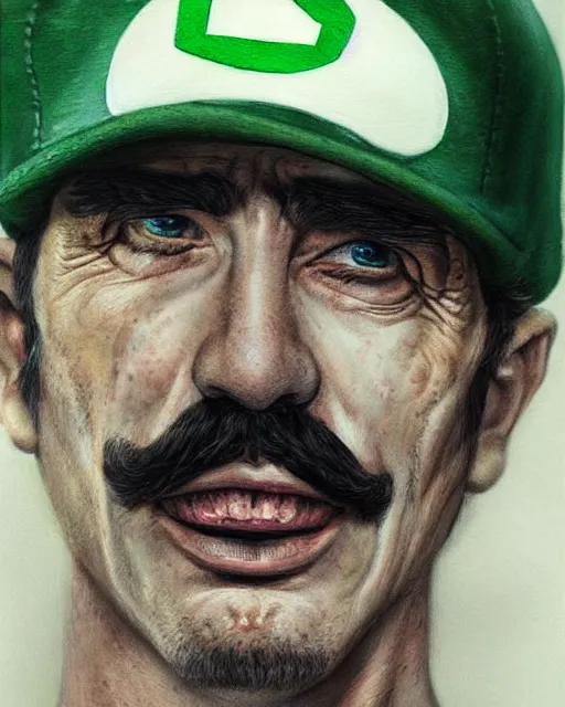 Prompt: portrait of real life super luigi, green cap, gritty, dark, beautiful, very detailed, hyperrealistic, medium shot, very detailed painting by Glenn Fabry, by Joao Ruas