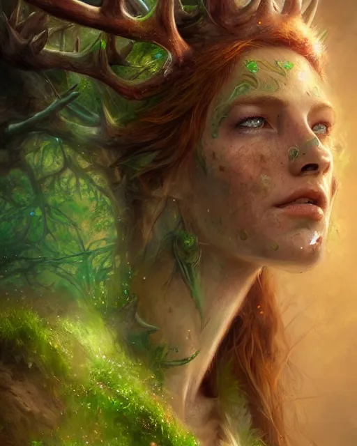 Image similar to female druid, perfect face, thin antlers, green tunic, ginger hair, muscular, abs, cinematic, freckles, stunning, athletic, strong, agile, highly detailed, psychedelic, digital painting, artstation, smooth, hard focus, illustration, art by jessica rossier and and brian froud