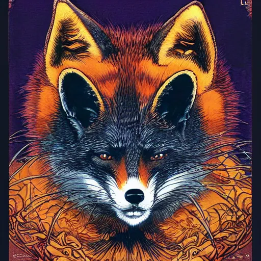 Image similar to portrait of crazy mister fox, symmetrical, by yoichi hatakenaka, masamune shirow, josan gonzales and dan mumford, ayami kojima, takato yamamoto, barclay shaw, karol bak, yukito kishiro