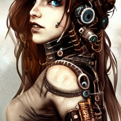 Prompt: beautiful half human half steampunk cyborg portrait, steampunk, extremely detailed, lush, gears, pretty, cinematic lighting, epic, intense, long hair, brown eyes, cool, anime,