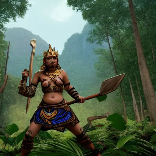 Image similar to armoured ginger dwaven women wielding a hammer and shield, jungle clearing, awesome floating mountain in the shape of a human heart. 4k realism landscape