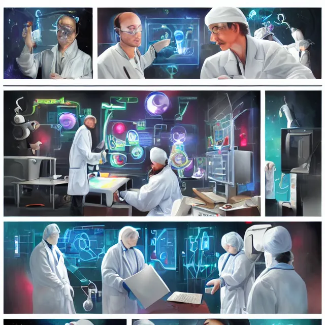 Image similar to engineers and scientists in labcoats confront a malevolent computer, glowing digital runes, panic, ross tran, ( futurism ), rhads!!!, james gurney, ( art fitzpatrick ), ( asaf hanuka ), ( ( barclay shaw ) ), ominous, saturday morning cartoon, clean linework, western animation