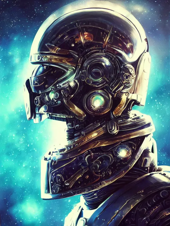 Image similar to portrait art of 8k ultra realistic space marine, side profile, galaxy reflection ion in helmet, deep space , detailed intricate ornate armour,eldritch horror,blade runner, cybernetic, full of colour, cinematic lighting, trending on artstation, 4k, hyperrealistic, focused, extreme details,unreal engine 5, cinematic, masterpiece, art by ayami kojima, giger
