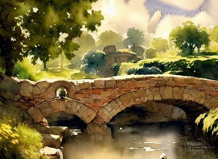 Image similar to watercolor of rustic stone bridge with mural, ivy, summer daylight, bright clear day, clouds, high detailed art by dennis miller bunker, work by anders zorn, wonderful masterpiece by greg rutkowski, beautiful cinematic light, american romanticism by greg manchess, creation by tyler edlin