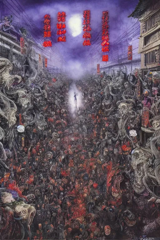 Prompt: 中 国 鬼 节, long procession of the dead is queuing up on the naihe bridge. comic book, psychedelic lights and fog, zdzislaw, ayami kojima, yamamoto, barclay shaw, karol bak, hyperrealist, 8 k