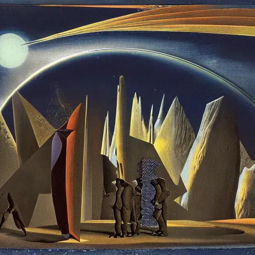 Prompt: surrealist collage of mysterious figures entering a massive mysterious futuristic colossal structure in an arctic landscape, with a dramatic cloudy night sky, by max ernst and salvador dali