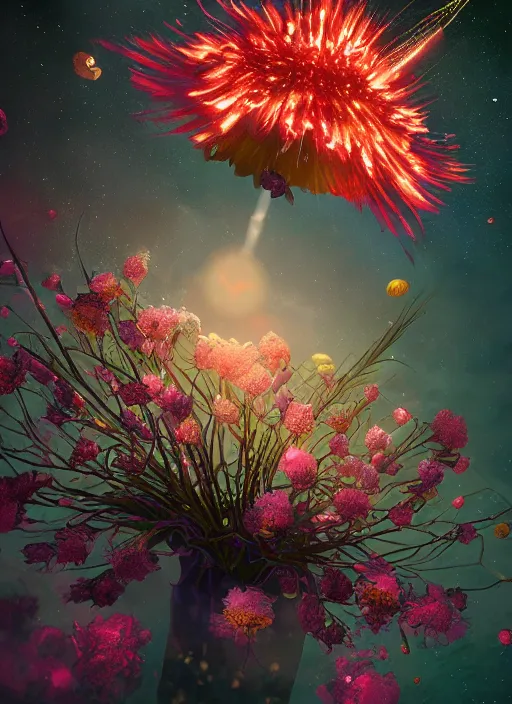 Image similar to An epic fantastic realism comic book style painting of the most beautiful spinning flowers floating into the dark and starry cosmos, exquisite bouquets, fisheye, a star implodes, unreal 5, DAZ, hyperrealistic, octane render, dynamic lighting