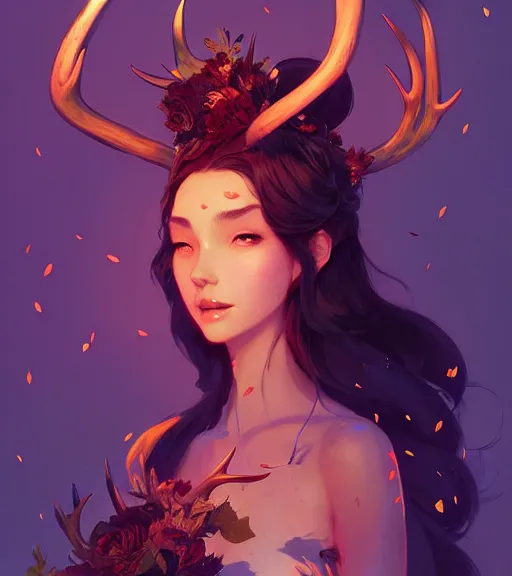 Image similar to portrait of a beautiful queen of the forest with antlers in complex and shiny dress made by leaf and flower, by ross tran and atey ghailan, by greg rutkowski, by greg tocchini, by james gilleard, by joe fenton, by kaethe butcher, dynamic lighting, grunge aesthetic