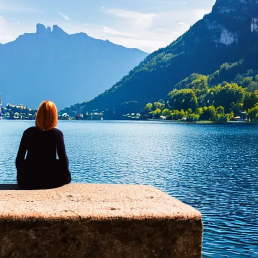 Prompt: woman sitting on a small wall at the lake of annecy, looking at the mountains in the distance. city photography, beautiful lighting