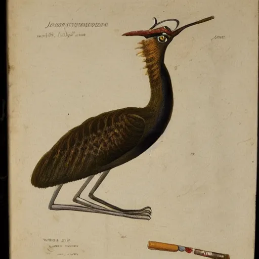 Prompt: Heteropteryx dilatata smoking a cigar, by Jan van Kessel