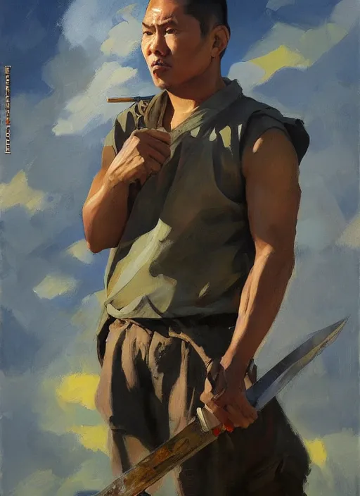 Image similar to greg manchess portrait of a filipino man holding a blade standing in front of a tank, asymmetrical, profile picture, organic painting, sunny day, matte painting, bold shapes, hard edges, street art, trending on artstation, by huang guangjian, gil elvgren, ruan jia, randy vargas, greg rutkowski