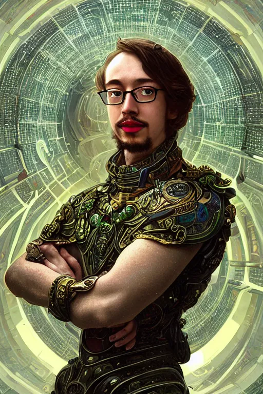 Image similar to portrait of Celestial Sam Hyde as a futuristic royal king, inside future fighter, sci-fi, fantasy, intricate, lush garden spaceship, elegant, human anatomy, royal green and nature light, highly detailed, digital painting, artstation, concept art, smooth, sharp focus, illustration, art by tian zi and WLOP and alphonse mucha