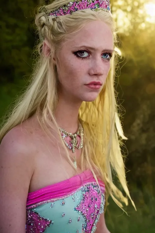 Image similar to a princess with long blonde hair and light blue eyes wearing a strapless elaborately beaded pink dress standing next to a green popup camping tent, high resolution film still, 8k, HDR color, film by Simon Langton and David Frankel, triangular face, very light freckles, round narrow chin, straight jawline, natural lips, high cheekbones, beautiful gazing eyes, green outdoor camping tent