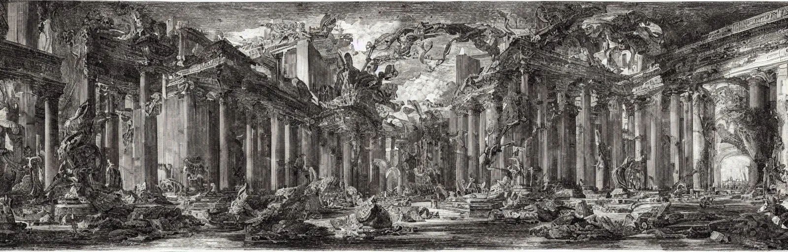 Prompt: a imaginative and theatrical architectural interior landscape, etching by giovanni battista piranesi