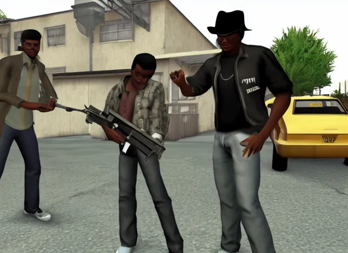 Image similar to Michael Jackson and Carl Johnson armed in Groove Street