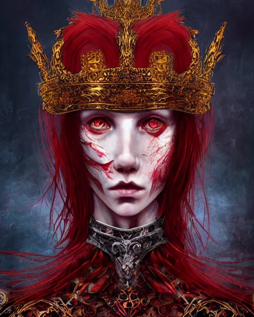 Image similar to redhead queen in heavy red armor, inside an epic gothic castle, baroque, large crown, face with scars, mad grin, intimidating, ominous, high fantasy, intricate detail, digital painting, artstation, concept art, smooth, sharp focus, illustration, art by yoshitaka amano and monia merlo and wlop