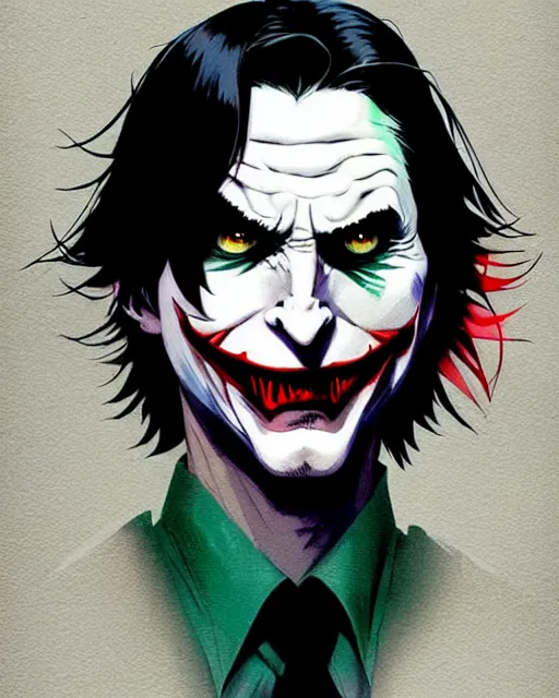 Prompt: anime as christian bale playing the joker | | cute - fine - face, pretty face, realistic shaded perfect face, fine details. anime. realistic shaded lighting poster by ilya kuvshinov katsuhiro otomo ghost - in - the - shell, magali villeneuve, artgerm, jeremy lipkin and michael garmash and rob rey as the joker in gotham city cute smile